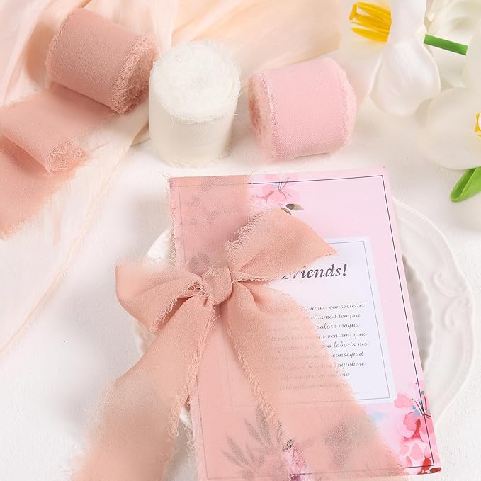 3 Rolls Cream Pink Handmade Fringe Chiffon Ribbon 1.5 Inch x 7 Yard Silk-Like Colorful Rustic Ribbon for Bouquets Wrapping Decor Wedding Invitation Accessories