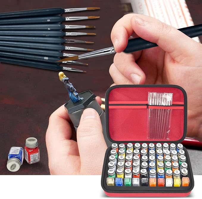 Model Paint Storage Case for Testors Paint Set, Paints Organizer Carrying Bag Holds 60 Bottles with 9 Fine Detail Miniatures Brushes, Enamel Paint Container, Drawing Ink Holder-Box Only (Red)