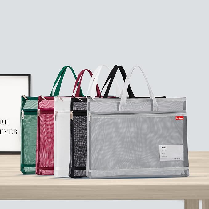 Pendancy Mesh Zipper Pouch A4 Size, Large Double Pocket Lightweight Nylon Transparent File Bag with Handle, 11x13.8 in Foldable Document Storage for Puzzle Project/Cross Stitch/Travel/Office (Gray)