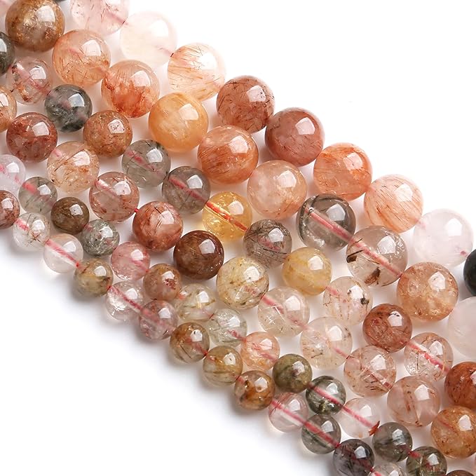 10MM 36PCS Natural Crystal Stone Colorful Rutilated Quartz Beads for Jewelry Making DIY Bracelet