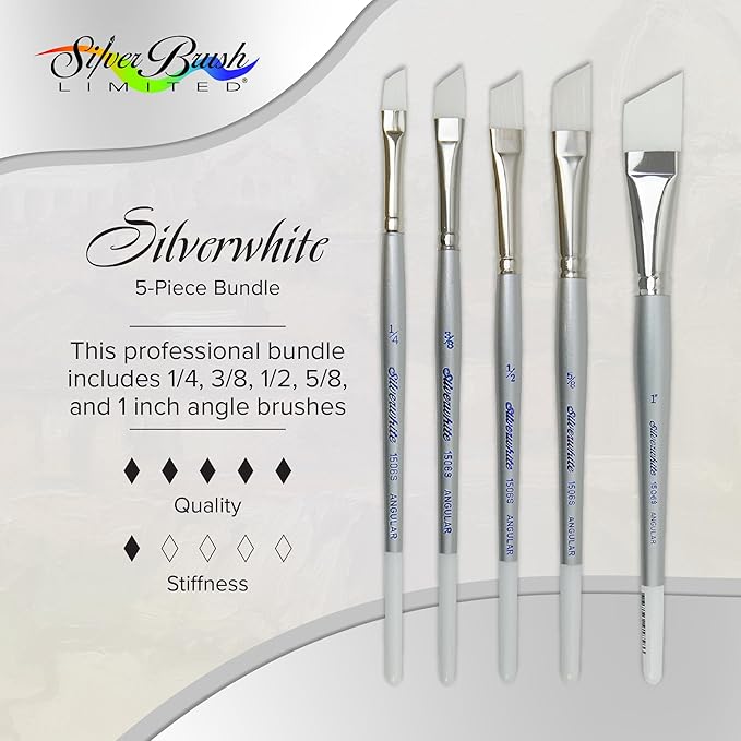 Silver Brush Limited SW-1587S Silverwhite Short Handle Angle Brushes with Soft Synthetic Taklon, 5pc Premium Artist Painting Bundle for Acrylics, Watercolor, Gauche, Ink, Dye, Craft Paint, & Tempera