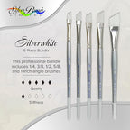 Silver Brush Limited SW-1587S Silverwhite Short Handle Angle Brushes with Soft Synthetic Taklon, 5pc Premium Artist Painting Bundle for Acrylics, Watercolor, Gauche, Ink, Dye, Craft Paint, & Tempera