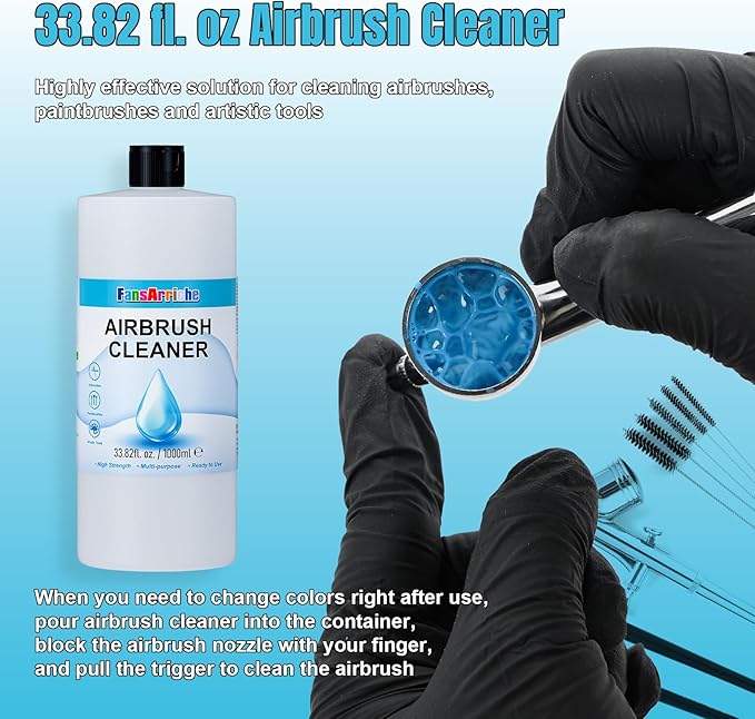 FansArriche Airbrush Cleaner, 33.82 Oz Air Brush Cleaning Solution for Water-Based Acrylic Color Paints, Quickly Clean Clogged Airbrushes, Paint Brushes, Art Tools