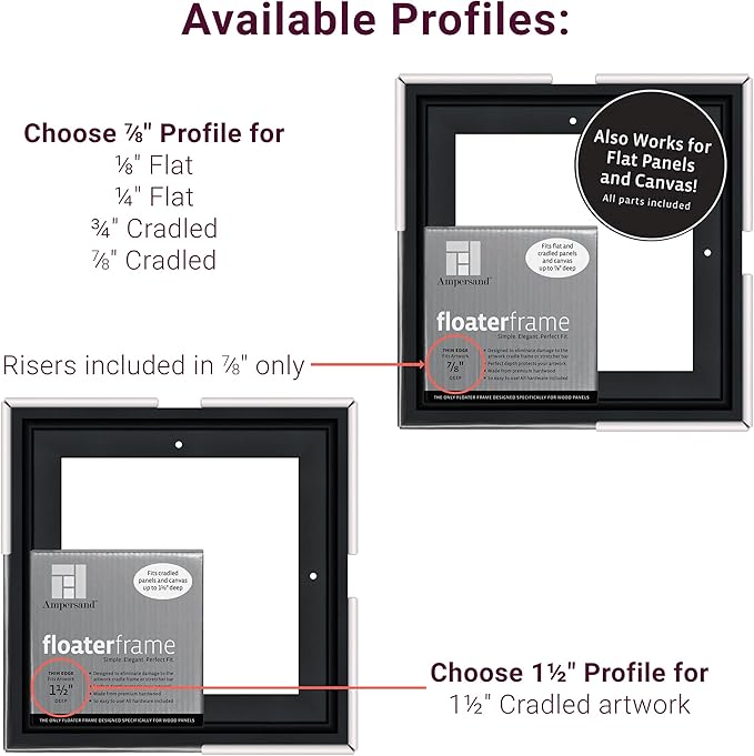 Ampersand Art Supply Floaterframe Readymade Frame for Flat and 7/8" Deep Wood Panel and Canvas Artwork, Paintings, Prints, and More, 8"x8", Black Thin