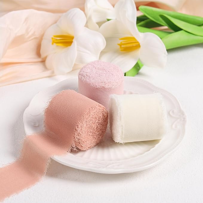 3 Rolls Cream White Handmade Fringe Chiffon Ribbon 1.5" x 7Yd Silk-Like Colorful Rustic Ribbon for Bouquets Wrapping Decor Wedding Invitation Accessories