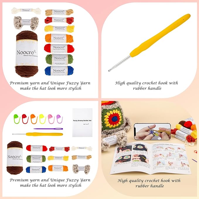 Noocro Crochet Kit for Beginners or Intermediate Level, Fuzzy Granny Square Bucket Hat, Step by Step Video Tutorial, Detailed Instruction Complete Kit Craft Supplies Holiday Gift