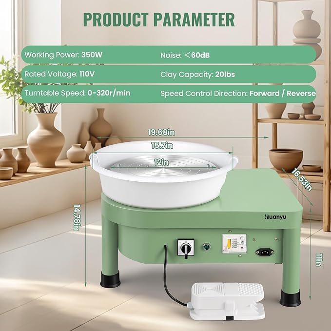 Huanyu Pottery Wheel Machine with 12" Bat System Foot Pedal Control Multiple Art DIY Sculpting Tool Kit Ceramic Wheel Clay Machine for Adult (Green)