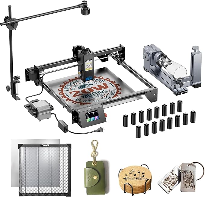 Longer RAY5 20000mW Laser Engraver with Air Assist Kit, Rotary Roller, 16 Pcs Raiser, Camera Kits and Honeycomb Panel 440 * 440mm, DIY, Cutting Tool for Metal Coloring, Acrylic, Wood, Class 4.