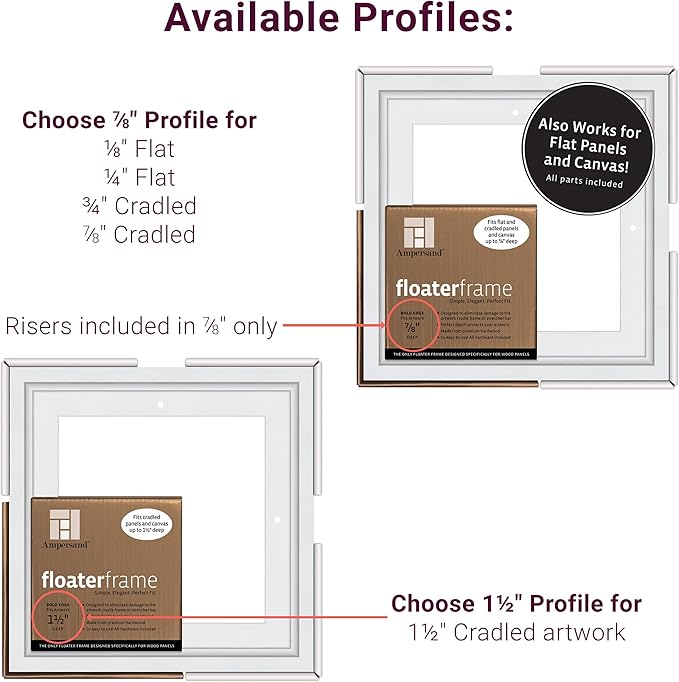 Ampersand Floaterframe Readymade Frame for Flat and 1 1/2" Deep Wood Panel and Canvas Artwork, Paintings, Prints, and More, 8"x8", White Bold