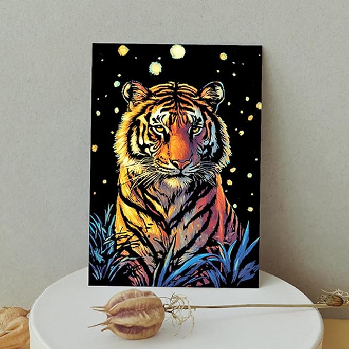 Georgie Porgy Scratch Paper Art Set for Kids Adults Magic Rainbow Scratchboards for DIY Arts and Crafts Kits Christmas Birthday Gift with Scratching Tools Kit (A5-Noctilucent Elf + Forest Animals)