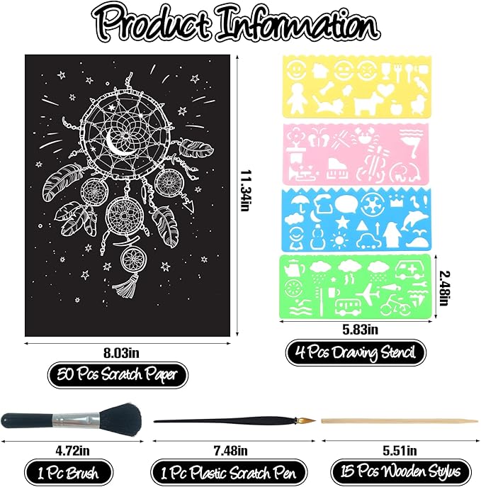 ZOCONE Scratch Paper Art Set, 50 Sheets 8x11in Black Coated Scratchboard Large Scratch Paper with Wooden Styluses and Stencils, DIY Scratch Painting Art Paper for Kids Adults Birthday Christmas Gift