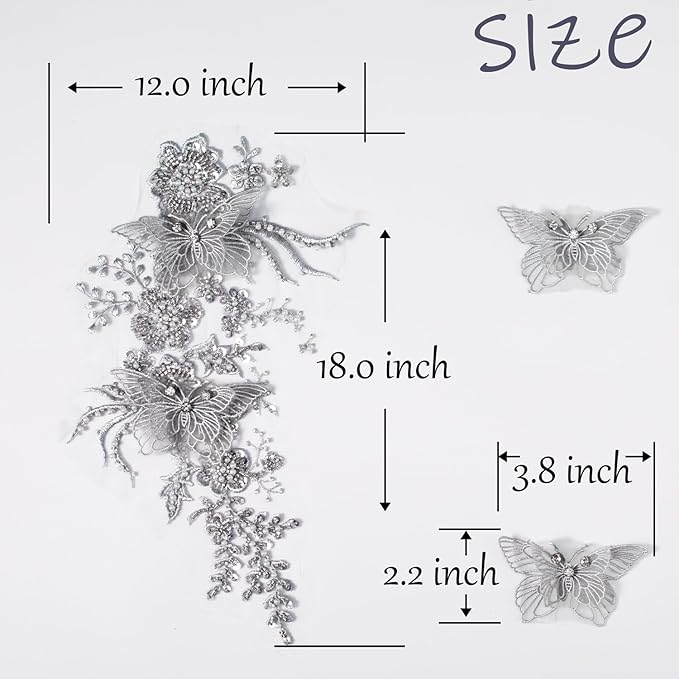 Flower Pearl Fabric Rhinestones Beaded Lace Applique,3D Butterfly Embroidered Lace Patch for Clothes,Dress (Gray)