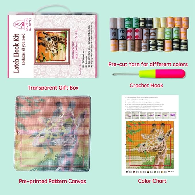 DL-YTG Latch Hook Kits Pillow Giraffe Crochet Yarn Cushion Colour Printed Canvas Rug Needlework DIY Pillowcase Hook and Latch Kit Arts Crafts Christmas Home Sofa Decoration 42x42cm/16X16in