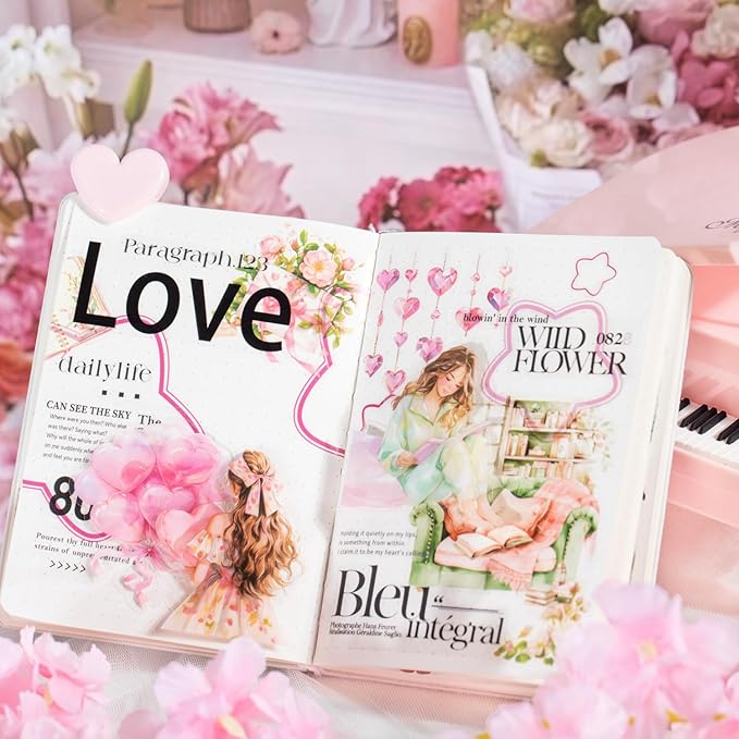 TIAMECH Pink Dream Girl PET Stickers - 100 Pcs Reading Time Lace Girl Maidens Sweetheart Design, Waterproof Sticker for Journaling & Scrapbooking, Junk Journal Supplies, Ephemera & DIY Crafts