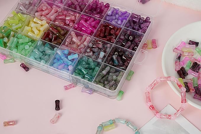 54 Colors 1500pcs Bamboo Glass Beads for Jewelry Making,6 * 12mm Glass Beads Bracelets Making Kit, 2 Types Natural Bamboo Crystal Beads for DIY Bracelet Necklace Crafts,Gifts for Girls Aged 6-15