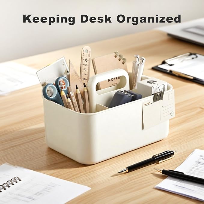 Multipurpose Caddy Organizer with Handle, 9.6'' x 6.1''x 4.3'' Large Stackable Plastic Craft Storage, Portable Pen Holder 5 Dividers for Art Supplies, Colored Pencils, Stationery, Markers, Makeup