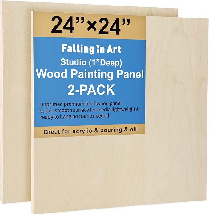 Falling in Art Unfinished Birch Wood Panels Kit for Painting, Wooden Canvas 2 Pack of 24”x24” Studio 1” Deep, Cradle Boards for Pouring, Art, Crafts, Burning and More