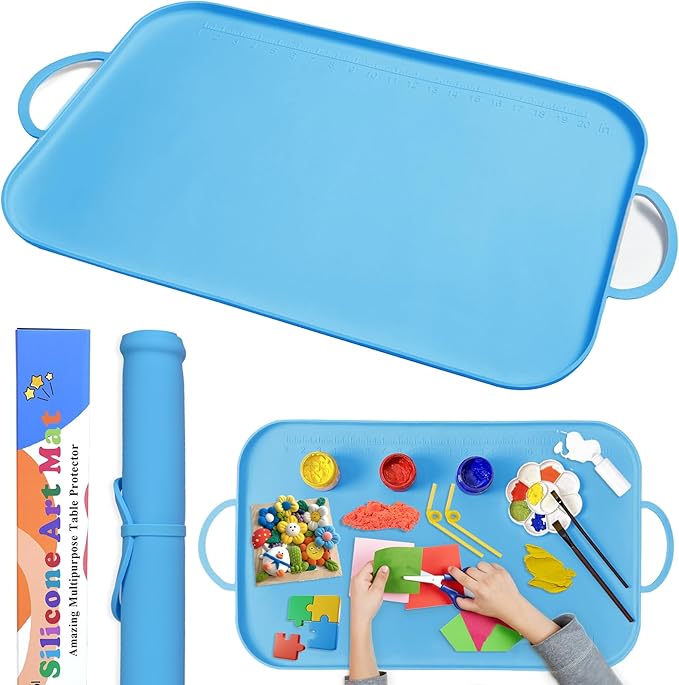 Silicone Painting Station Mat for Kids, Large Silicone Craft Mat with Handle, Silicone Art Mat with Raised Edges for Painting, Jewelry-Making and Crafts Creation, 26x16in, Blue