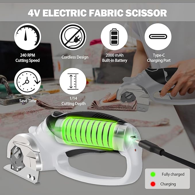 Cordless Electric Scissors, 4V Box Cutter & Cardboard Cutter with 2 Titanium Blades - Rotary Cutter with LED Light for Fabric, Leather, Carpet, Plastic, Crafting + Storage Case (Grey)