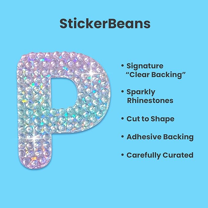 StickerBeans® Rhinestone Alphabet Letter Sticker P - Unique Sparkly Design 2” x 2” Cut-to-Shape Adhesive - Personalization, Collecting, Gifting, Scrapbooking, Decorating Laptops, Phone Cases, All Ages