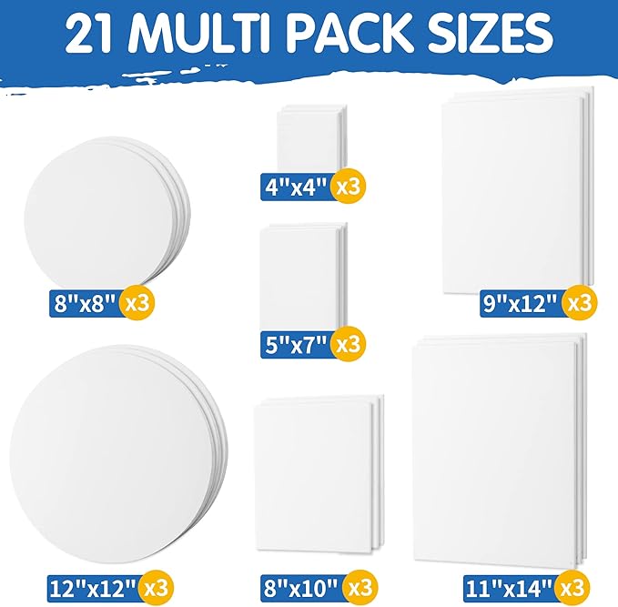 FIXSMITH 21 Pack Stretched Canvases, Multi Pack - 4x4, 5x7, 8x10, 9x12, 11x14, Round Canvas 12x12, 8x8 (3 of Each), 100% Cotton, Primed Canvases for Acrylic, Oil, Wet or Dry Art Media