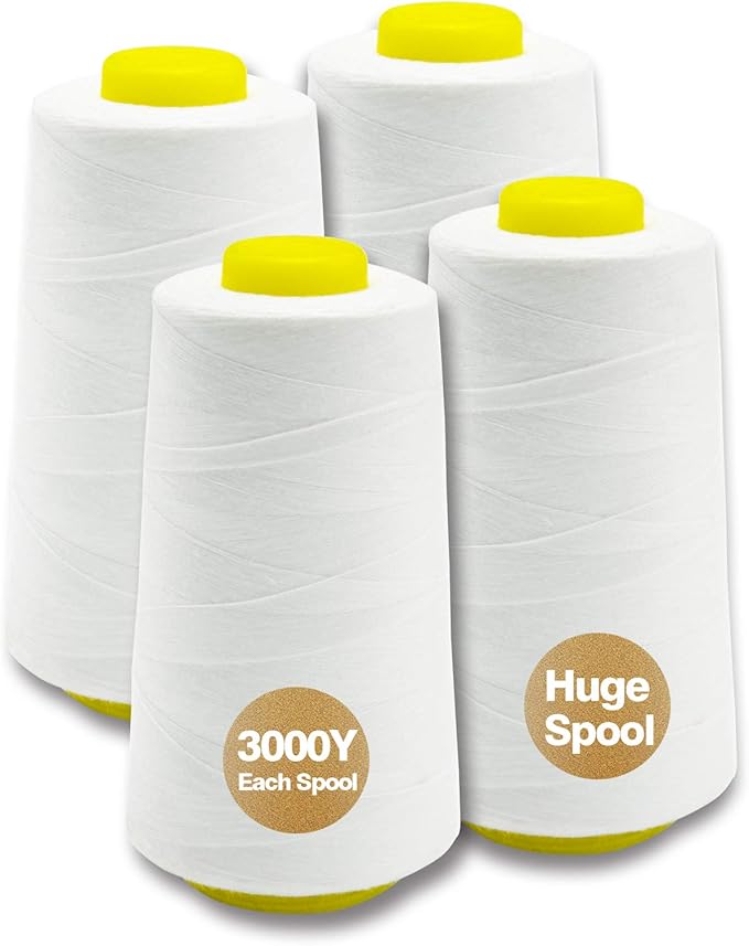 White Serger Thread, All-Purpose Thread for Sewing, Polyester, 4 Cones of 3000 Yards Each Spool for Sewing Machine