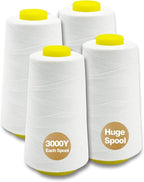 White Serger Thread, All-Purpose Thread for Sewing, Polyester, 4 Cones of 3000 Yards Each Spool for Sewing Machine