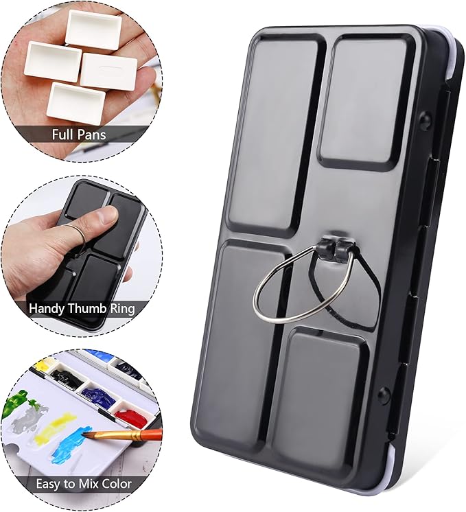 LOONENG Metal Watercolor Tin with Fold-Out Palette, Small Tray Palette with 8 Empty Full Pans for Plein Air, Acrylic and Oil Painting