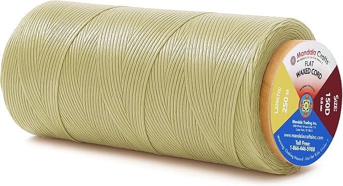 Mandala Crafts Beige Flat Waxed Thread for Leather Sewing - 273 Yds 150D 0.8mm Polyester Leather Thread String Waxed Cord for Leatherwork, Beading, Bookbinding, Hand Stitching