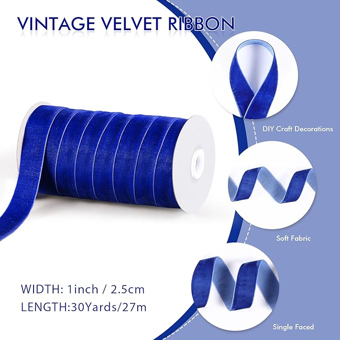 Chuangdi 1 Inch, 30 Yard Christmas Royal Blue Velvet Ribbon Vintage Wide Velvet Ribbons for Christmas Tree Ornaments Flower Bouquets Wedding Wreath Bow Making DIY Craft Choker