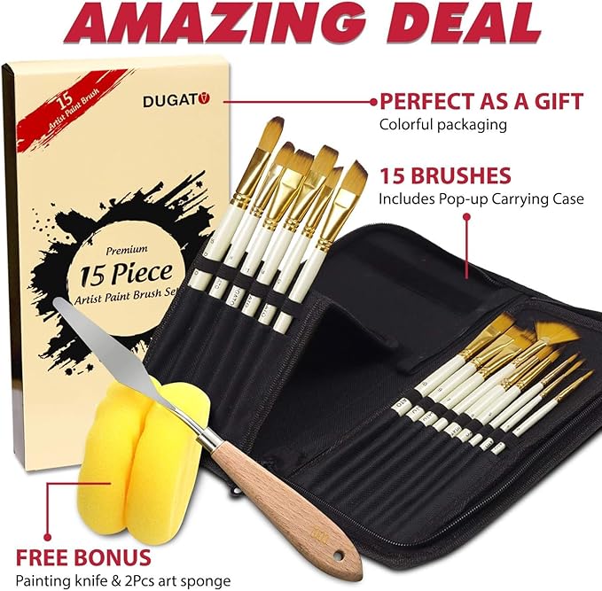 DUGATO 15pc Artist Paint Brush Set with Pop-Up Case, Palette Knife & Sponges - Nylon Hair for Acrylic, Oil, Watercolor, Gouache, Model & Craft Painting