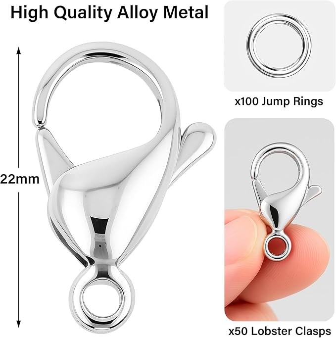 Mandala Crafts 22mm Silver Color Metal Lobster Clasps for Jewelry Making - 50 Lobster Claw Clasps with Jump Rings Jewelry Findings Kit for Necklaces Bracelets Charms Fasteners