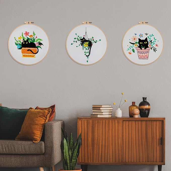 Nuberlic 3 Sets Cute Cat Embroidery Kit for Adults Beginners, Stamped Cross Stitch Starter Kits Include Needlepoint Cloth Hoops Needles Threads and Instruction