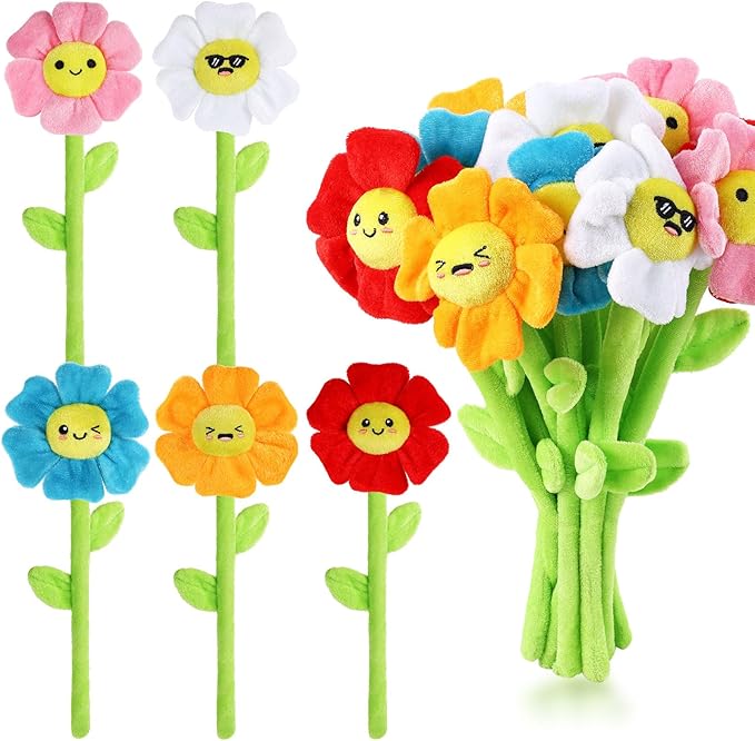 10 Pcs Plush Smile Flower Stuffed Bendable Stems Plush Bouquet Toy Soft Flower 12.6 Inch for Christmas 2025 Mother's Day Girl Girlfriend Wife(Elegant Style)