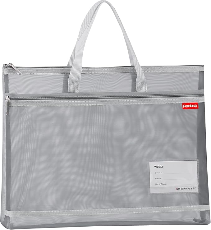 Pendancy Mesh Zipper Pouch A3 Size, Large Double Pocket Lightweight Nylon Transparent File Bag with Handle, 13x17 in Foldable Document Storage for Puzzle Project/Cross Stitch/Travel/Office (Gray)