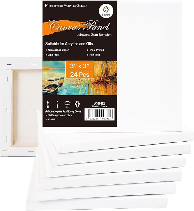 CONDA Mini Stretched Canvas for Painting, 3x3 Inch 24 Packs of Small Canvases for Kids and Art Supplies, 100% Cotton Primed Canvas, 2/5 Inch Profile Value Bulk Pack for Acrylics, Oils Painting