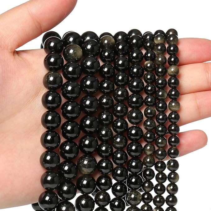 35pcs 10mm Natural Stone Beads Gold Obsidian Beads Crystal Gemstone for Jewelry Making, DIY Bracelet Necklace