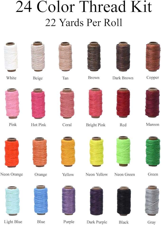Mandala Crafts 24 Assorted Colors Round Waxed Thread for Leather Sewing - 22 X 24 Yds 1mm Polyester Leather Thread String Waxed Cord for Leatherwork, Beading, Bookbinding, Hand Stitching