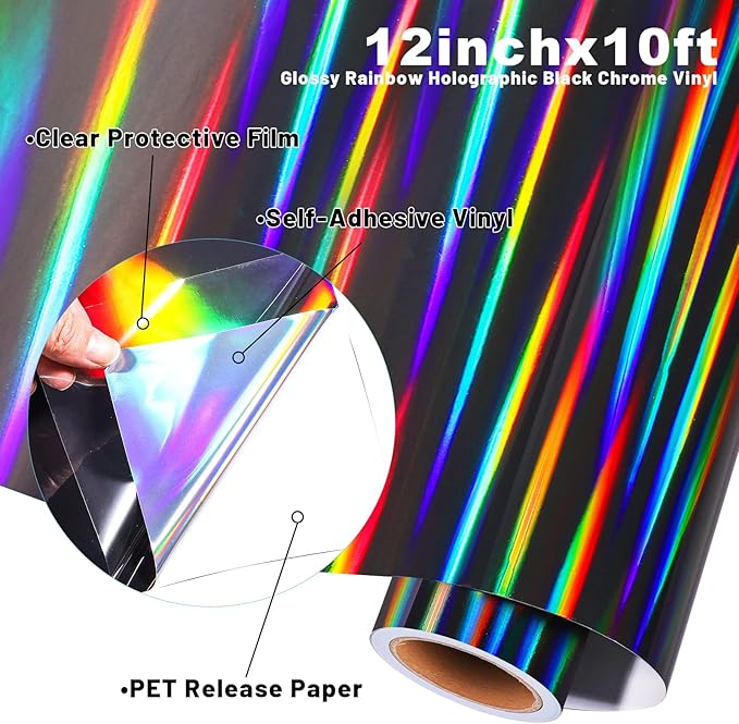 GIRAFVINYL Black Holographic Permanent Vinyl Roll - 12" X 10FT Glossy Rainbow Adhesive for Cup, Sticker, Home and Car Decorations