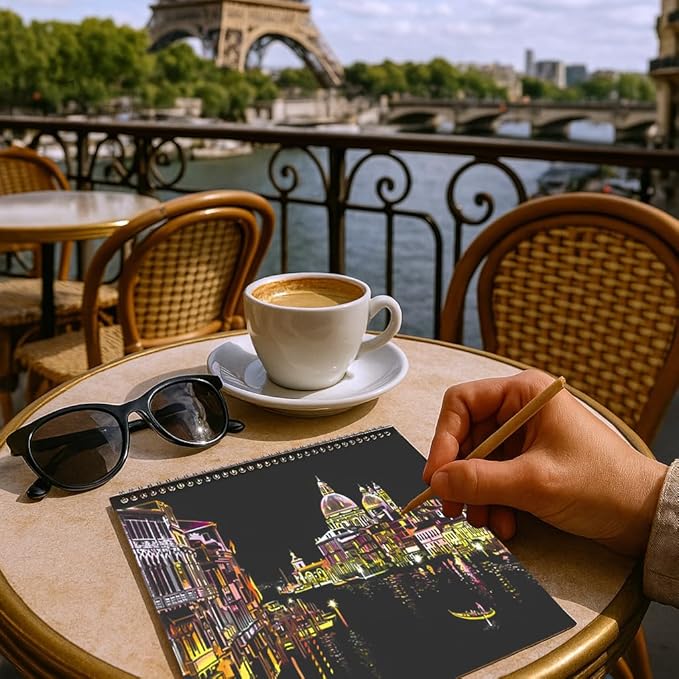 Scratch Art Book(A4-10Page) for Adults & Teens – ASMR Stress-Relieving Scratch Off Art | Paint by Scratch Kit Set | Travel Landmarks & Engraving Art | Creative Gift for Adults (Colorful City Series A)