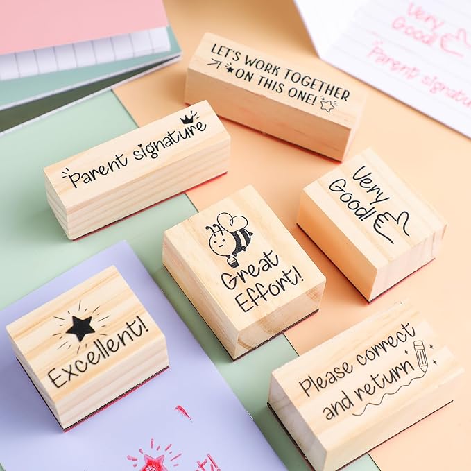 Watersay 6 Pcs Teacher Rubber Stamp Set Motivate Encouraging Messages Wooden Teaching Rubber Stamp Vintage Art for Classroom Grading Home School Teacher Supplies Back School and DIY Card Making