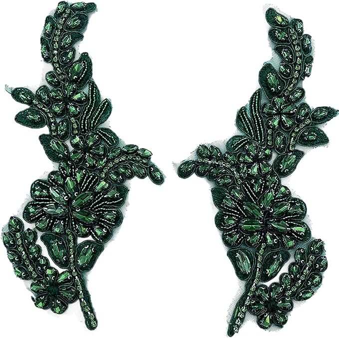 1 Pair Handmade Flower Rhinestone Applique for Clothes, Crystal Fabric Patches for Wedding Dress, Bling Beaded Embroidery Lace Applique for Hat Hairband Sewing Embellishment (Dark Green)