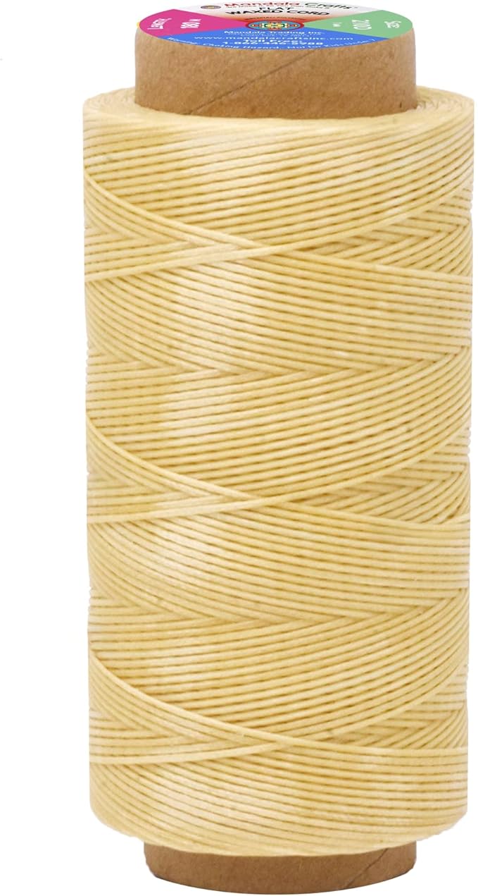 Mandala Crafts Cream Flat Waxed Thread for Leather Sewing - 197 Yds 210D 1mm Polyester Leather Thread String Waxed Cord for Leatherwork, Beading, Bookbinding, Hand Stitching