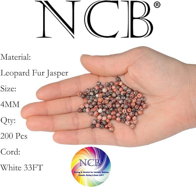 NCB 200PCS 4mm Natural Red Leopard Fur Jasper Round Loose Stone Spacer Beads for Jewelry Making with Crystal Stretch Cord