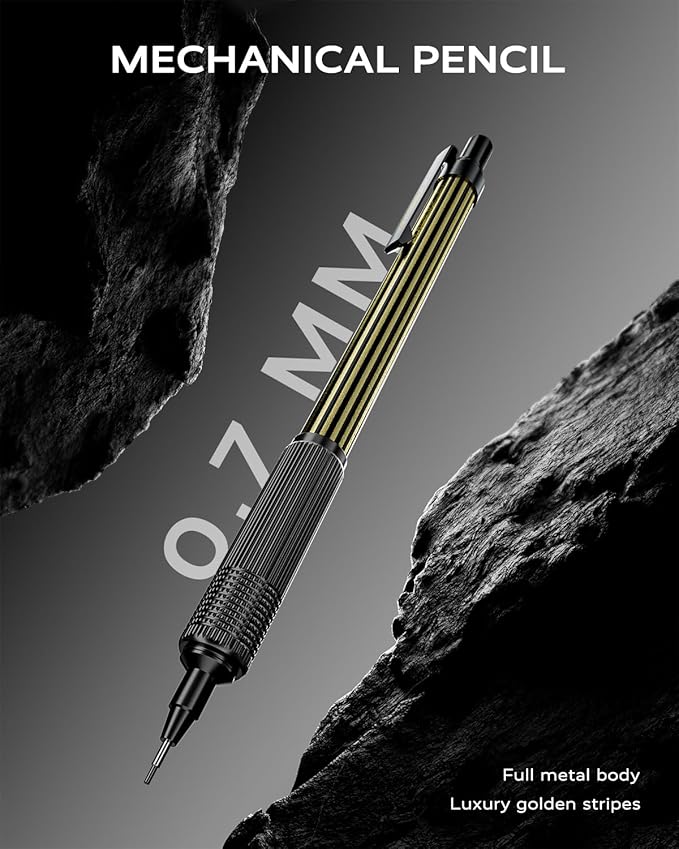 0.7mm Mechanical Pencil with Metal Gift Case, 1PCS Metal Mechanical Pencil with 120Pcs HB Lead Refills,4B Erasers and 9PCS Eraser Refills, for Writing Drafting Drawing and Sketching(Gold)