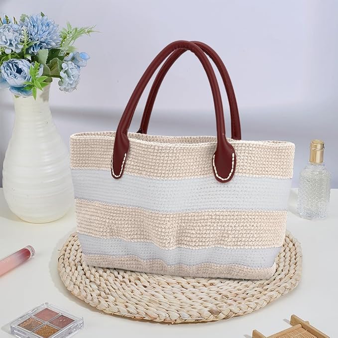 ORIGACH DIY Crochet Handbag Kit for Beginners, Beige Striped Crochet Bag with PU Leather Band and Base, Include Yarn, Crochet Hooks, Markers and Instruction