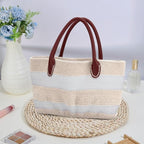 ORIGACH DIY Crochet Handbag Kit for Beginners, Beige Striped Crochet Bag with PU Leather Band and Base, Include Yarn, Crochet Hooks, Markers and Instruction