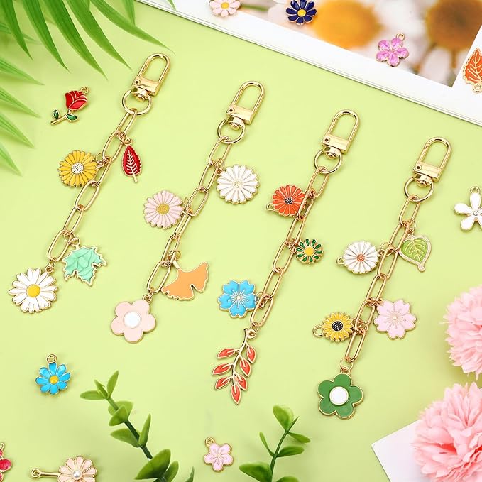 AUGSUN 189Pcs Keychain Making Kit, Charm Jewelry Chain Making Crafts Including 60 Charms 12 Keychain Clips Hooks 15 Extender Chains 100 Jump Ring and Jewelry Plier for Crafts (Flower)