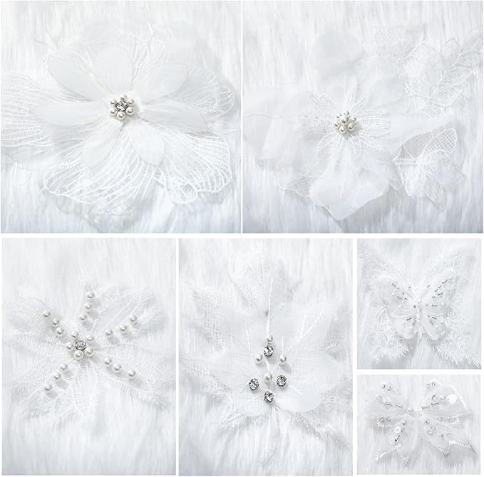 6 Pieces 3D Flower Lace Embroidery Butterflies Appliques Pearl Patches for Repairing and Decorating, Sewing Craft Clothing Jeans Jackets Bags (White)