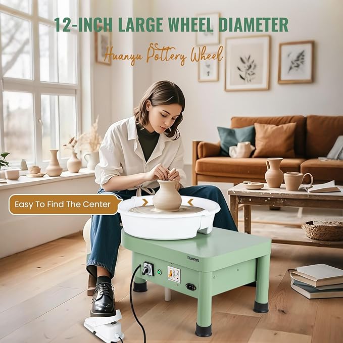 Huanyu Pottery Wheel Machine with 12" Bat System Foot Pedal Control Multiple Art DIY Sculpting Tool Kit Ceramic Wheel Clay Machine for Adult (Green)
